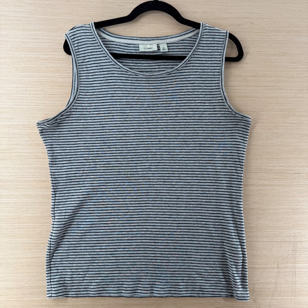 LL Bean Womens Grey‎ Black Striped Scoop Neck Sleeveless Tank Top Large Regular